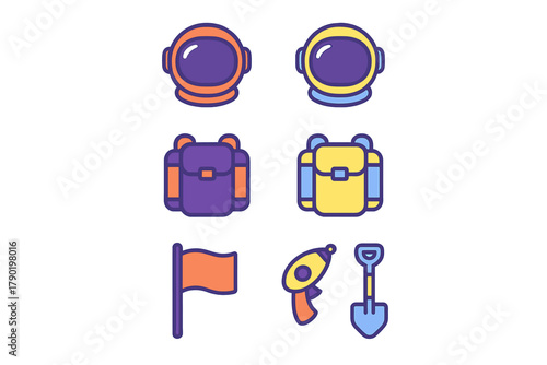 Vibrant icons depicting astronaut gear and tools for space exploration