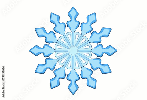 Illustration of a symmetrical, decorative snowflake with eight icy blue branches against a plain white background highlighting its geometric artistry
