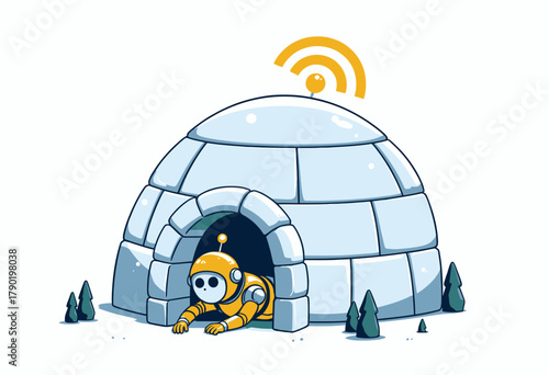 A curious robot emerges from a high-tech igloo, exploring a snowy landscape with a visible wireless signal above, blending technology and nature