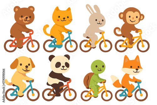 Adorable cartoon animals cycling together in a cheerful group