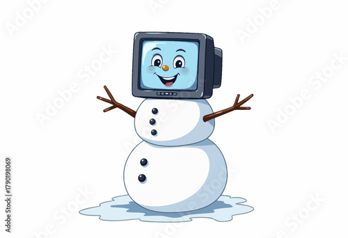 Whimsical Snowman with a Television Head Standing Joyfully Displaying a Unique Blend of Technology and Winter Magic