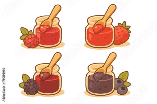 Four glass jam jars with fresh berries and wooden spoons