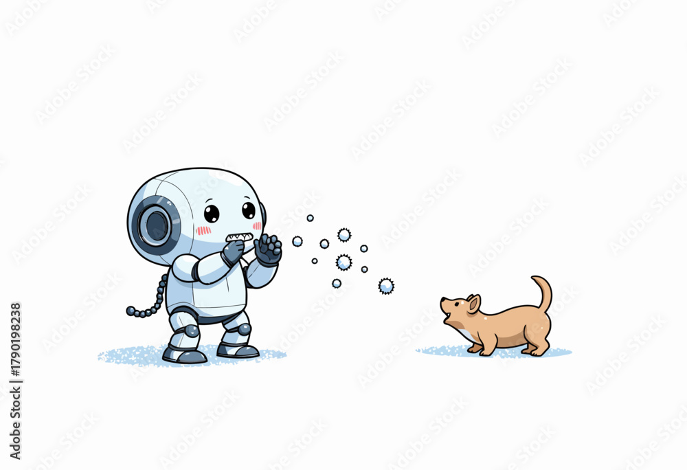 Naklejka premium Adorable Robot Playfully Engages with Curious Puppy in a Whimsical Interaction Captivating Joyful Moments of Innocence and Friendship