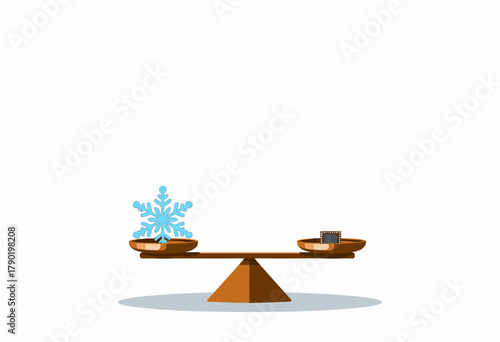 Illustration of a Balance Scale Weighing a Snowflake Against a Metal Weight in a Minimalist Design with White Background