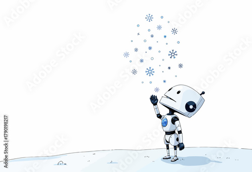 Charming Robot Interacts with Falling Snowflakes in a Serene Winter Wonderland of Digital Delight and Technological Charm
