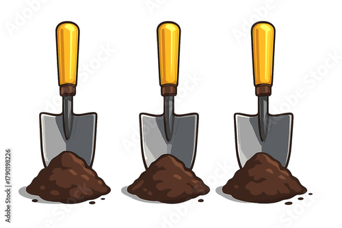 Gardening trowels resting in piles of dark brown soil ready for planting
