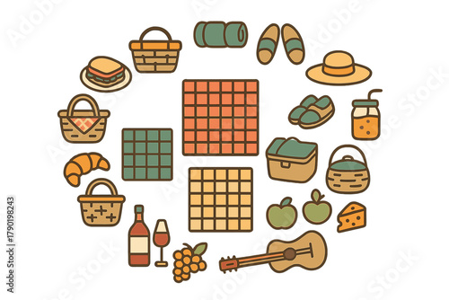 Set of stylized icons for outdoor picnic and leisure activities