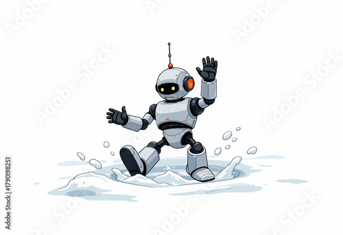 Playful robot joyfully skidding across icy surface with enthusiasm, illustrating technology interacting with winter environment in animated scene