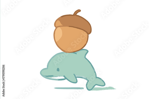 Charming cartoon dolphin balancing large acorn on its back