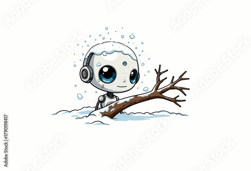 Adorable Robot with Big Blue Eyes Playfully Interacts with Snow-Covered Branch in Winter Wonderland Scene