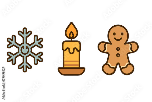 Simple holiday icons: snowflake, burning candle, and gingerbread man cookie