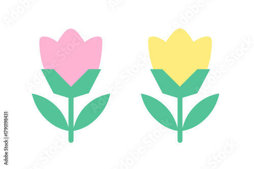 Stylized pink and yellow spring flowers simple design with green stems