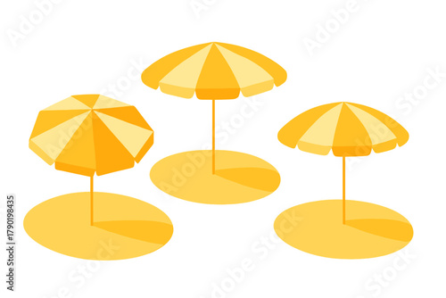 Isometric yellow beach umbrellas with striped canopies and shadows