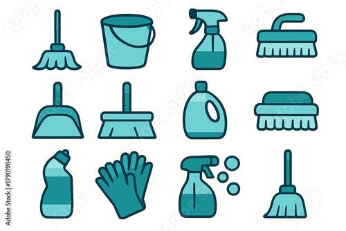 Collection of household cleaning equipment and sanitation tools icons