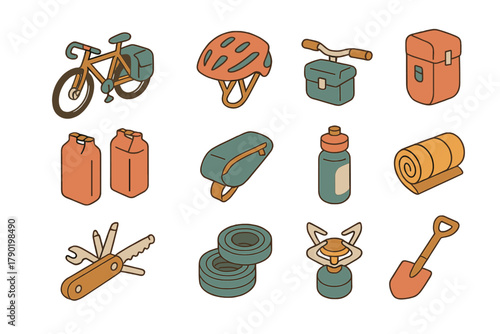 Isometric icons set for bicycle touring and outdoor camping gear