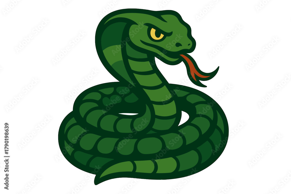 Fototapeta premium Stylized coiled green snake mascot head with forked tongue