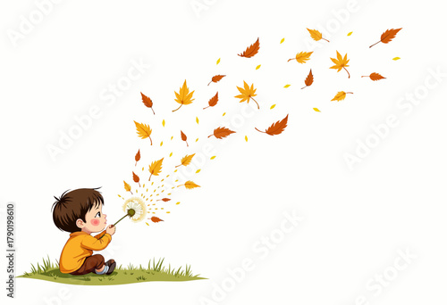 Adorable Child Sitting on Grass Blowing Dandelion with Autumn Leaves in Whimsical Magical Breeze Creating Enchanting Fall Atmosphere of Innocence and Wonder