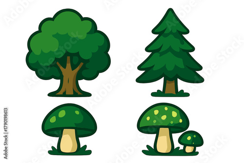 Cartoon green forest flora icons with deciduous tree, pine, and mushrooms