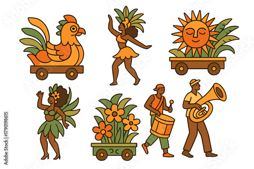 Vibrant tropical carnival parade elements with costumed dancers and musicians