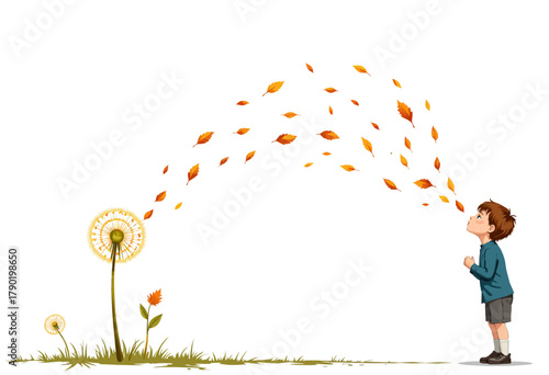 Illustration of a young boy blowing dandelion seeds into the air on a windy autumn day, surrounded by swirling orange leaves and a tall blooming dandelion
