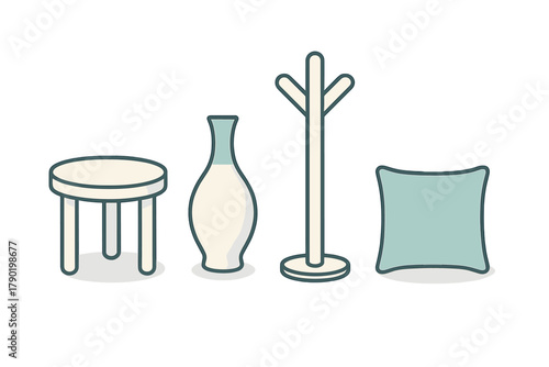 Set of minimalist home decor objects including stool vase coat rack and pillow