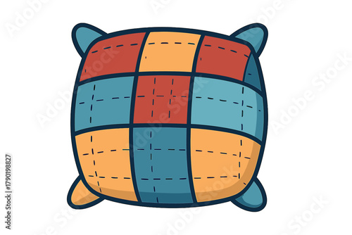 Quilted patchwork stuffed pillow with small animal ears