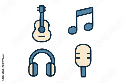 Set of music production icons: acoustic guitar, headphones, note, and microphone