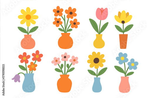 Assortment of colorful stylized flowers in various decorative vases