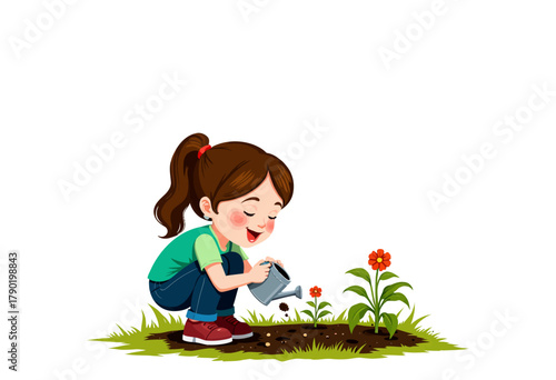 Joyful young gardener tending to plants with a watering can in a vibrant garden setting on a sunny day, showcasing nature and growth