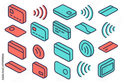 Isometric set of contactless payment icons with credit cards and NFC signals