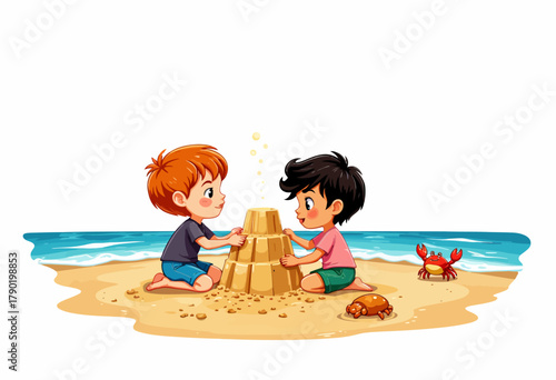 Two children building a sandcastle together by the sea, with a bright sky and ocean waves in the background, depicting a playful and joyful beach day scene