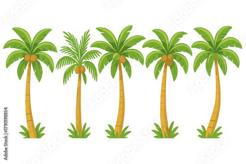 Five different cartoon coconut palm trees with lush green foliage