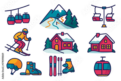 Set of colorful icons for winter sports and mountain resort activities