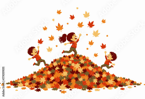Joyful children playing in a vibrant pile of colorful autumn leaves, capturing the essence of seasonal change and childhood happiness
