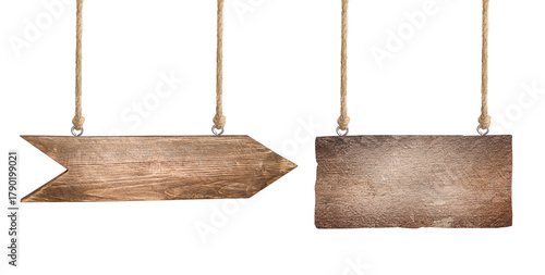 two rustic wooden signs on a white isolated background
