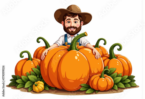 A cheerful farmer surrounded by a bountiful harvest of large, vibrant pumpkins, showcasing the abundance of autumn with a warm smile and a rustic hat