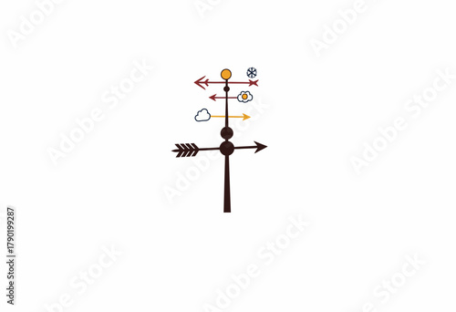 Minimalist Weather Vane Illustration Showing Wind Directions with Seasonal and Weather Icons on a White Background