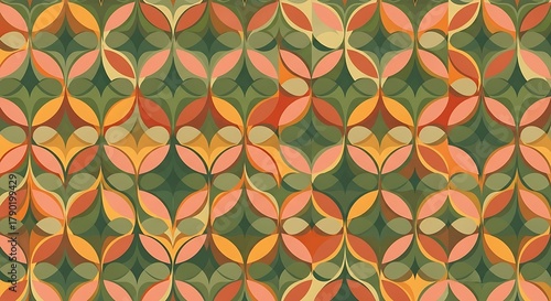 A mod, geometric textile print featuring interlocking petal shapes in a classic 70s color palette of green, ochre, and orange.