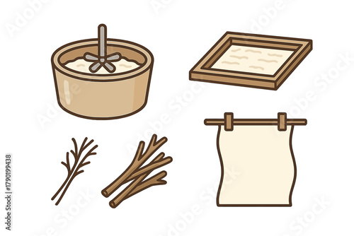 Elements of traditional paper making process including pulp vat and drying sheet