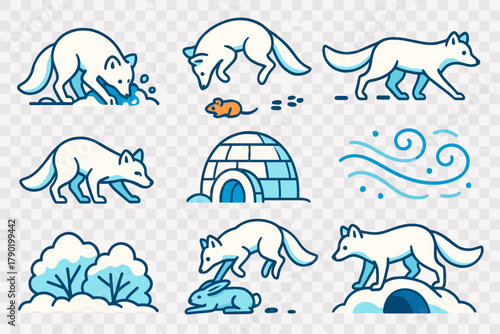 Cute arctic animal and winter habitat icons set