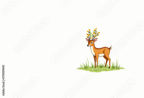 Charming Illustration of a Young Deer with Blossoming Antlers Standing Gracefully in a Serene Meadow