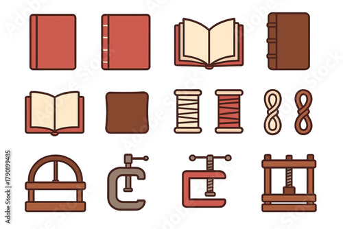Set of bookbinding tools and materials icons for crafting projects