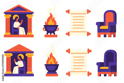 Mystical oracle symbols featuring priestess, burning brazier, scroll, and throne