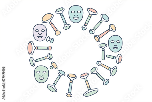 Facial massage rollers and sheet masks arranged in circular frame