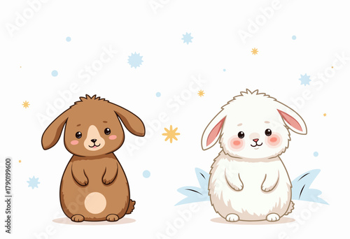 Adorable Illustration of Two Cartoon Bunnies with Cute Expressions Surrounded by Playful Colorful Stars on a Bright White Background