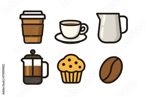 Assorted coffee objects icons: takeaway cup, espresso, creamer, french press, muffin, and bean