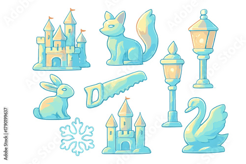 Assortment of stylized ice sculptures depicting animals, architecture, and street lighting