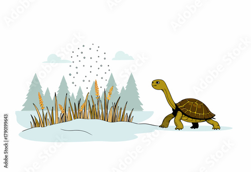 Illustration of a turtle exploring a snowy landscape with evergreen trees and golden grass, capturing a serene winter scene with unique blend of natural elements