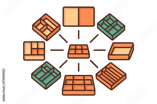 Isometric storage trays and modular compartment dividers assortment concept