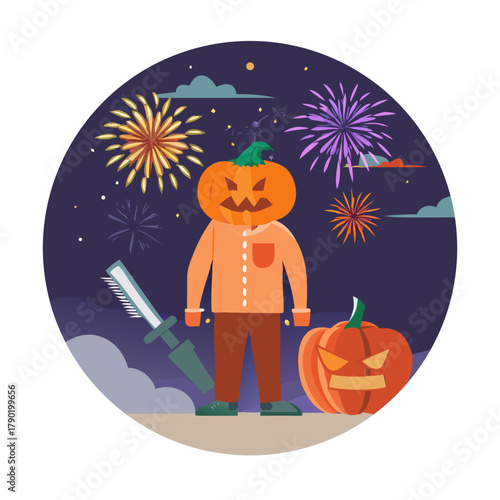 Halloween human pumpkin or Jack o lantern costume on a dark night with lots of smoke, a chainsaw, and reddish fireworks
